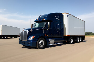 Heavy duty dark blue classic stylish big rig semi truck tractor with lot of chrome accessories transporting cargo in refrigerator semi trailer driving ... See More