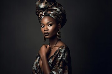 Naklejka na ściany i meble Fictional African Fashion Model, studio photography photoshoot, wearing glamorous clothing - generative ai