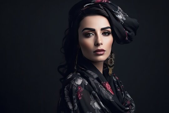 Fictional Middle-Eastern Fashion Model, studio photography photoshoot, wearing glamorous clothing - generative ai