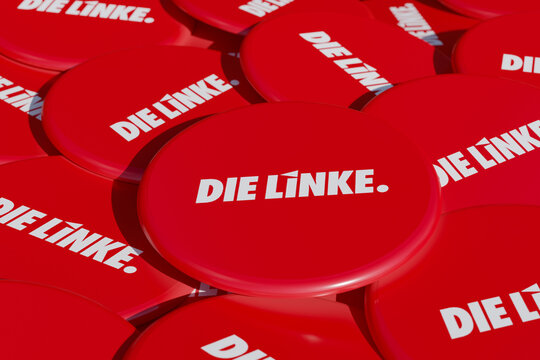 Die Linke - The Left, Democratic-socialist Political Party In Germany. Political Badges, Campaign Button On The Table. Left Social Democratic Party, Part Of The German Government. 3D Illustration