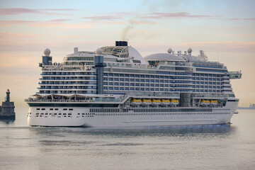 Modern mega white fun ship cruisehip cruise ship liner Prima or Bella sailing away departure from...