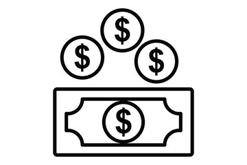 Money icon illustration. dollar banknote and coins. icon related to business. Line icon style. Simple vector design editable