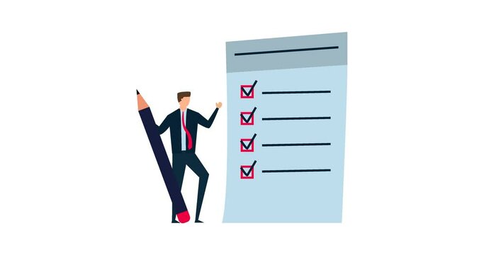 4k animation of Checklist for work completion, confident businessman standing with pencil after completed all tasks checklist