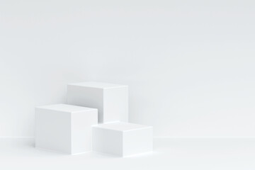 Three white square pedestal podium and white wall backdrop. White minimal wall scene for product display presentation, 3d rendering