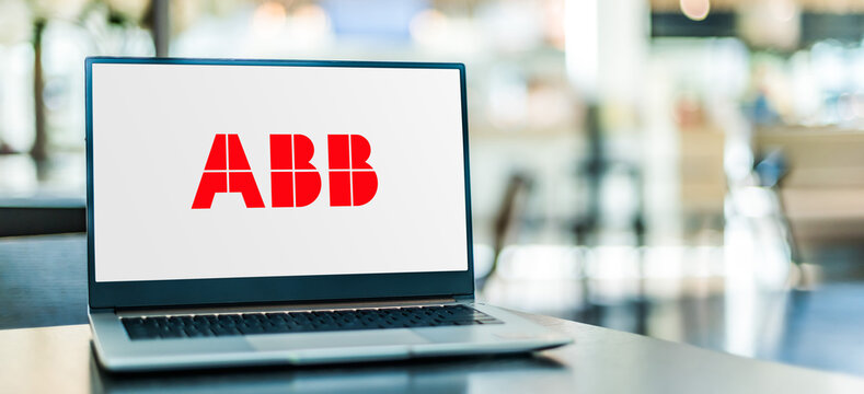Laptop displaying logo of ABB