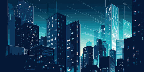 Flat Graphic Style Illustration of a Blue Skyscraper City: Striking Contrast of Light and Shadows