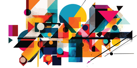 High Contrast Geometric Collage: A Surreal and Minimalistic Display of Multicolor Shapes on a White Background