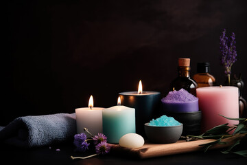 Obraz na płótnie Canvas Close up of lit candles spreading aroma on the table in a spa room. Beautiful composition with candles for spa aromatherapy. Zen and relaxation concept. Generative AI
