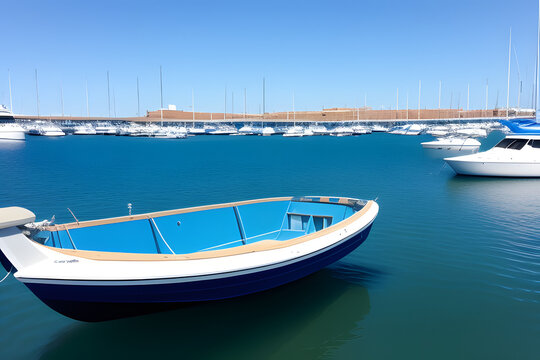 Boat Moored On Harbor Against Clear Blue Sky