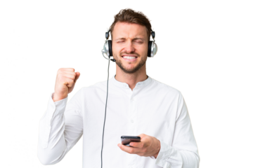 Telemarketer caucasian man working with a headset over isolated chroma key background with phone in victory position