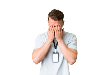 Young caucasian man with ID card over isolated chroma key background with tired and sick expression