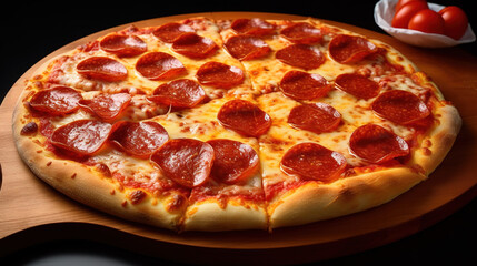 Pizza Pepperoni - A freshly-made, pepperoni pizza with sausage and cheese oozing from the crust. Unhealthy but delicious Italian fast food!