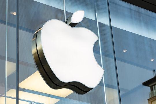 Frankfurt, Hessen, Germany - March 1, 2023: Apple Store in Frankfurt am Main. Afternoon in Frankfurt am Main. Entrance Apple Store. Computer and consumer electronics producer.