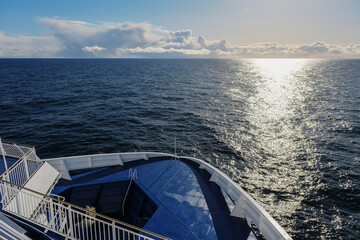 Scenic panoramic seascape view of Ocean and clouds on blue sky on sunny day at sea seen from...