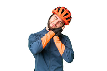 Young cyclist man over isolated chroma key background making sleep gesture in dorable expression - obrazy, fototapety, plakaty