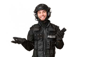 SWAT over isolated chroma key background keeping a conversation with the mobile phone with someone
