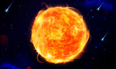 Sun Virtual Realistic Glowing Bright In Nebula Cloud And Stars Surrounded. Big sun in space with solar flares.Global warming concept.Scientific abstract in cosmic background. Vector illustration EPS10