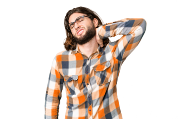 Young handsome man over isolated chroma key background with neckache