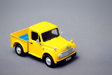 Plastic toy yellow truck on a white background. Close-up.