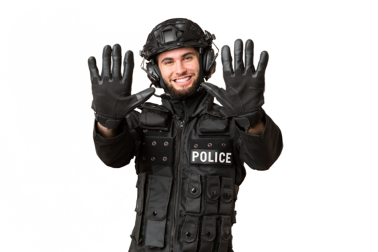 SWAT over isolated chroma key background counting ten with fingers