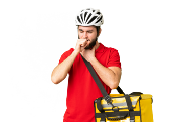 Young delivery man with thermal backpack over isolated chroma key background is suffering with cough and feeling bad