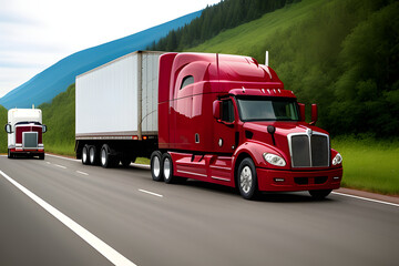 Big rig burgundy semi truck transporting commercial cargo in refrigerator semi trailer driving on the road along Columbia River with sunshine