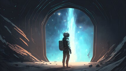 science fiction scene of the astronaut standing in front of starry tunnel entrance, digital art style, illustration painting, Generative AI