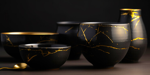 Elegant black and gold Kintsugi bowls and vases. Restoration of golden cracks on old Japanese ceramics restored with the ancient restoration technique. The beauty of imperfections. - Generative AI
