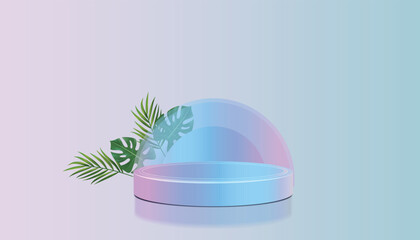 Pink and Blue Gradient 3D Platform with leaves for Cosmetic Product Showcase