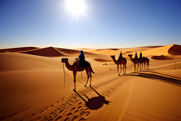 camel caravan at sunrising in Sahara desert
