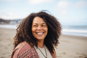 Portrait of smiling young black woman with sunlight flare and beach on the background. AI Generated.