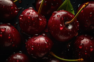 Cherries on dark background with drops of water, overhead angle - generative AI