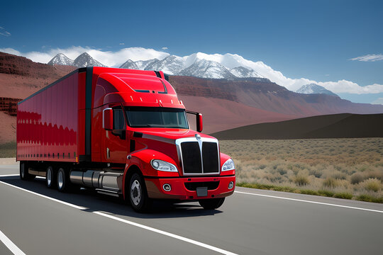 Bright red semi truck modern transportation on spectacular highway