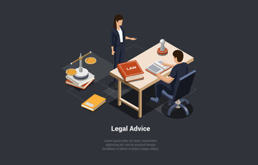 Concept Of Legal Advice. Law Education, Justice and Equality, Professional Lawsuits Guidance. Man Lawyer Or Notary, Legal Advisor Consulting Woman In Office. Isometric 3d Cartoon Vector Illustration