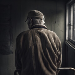 An old man in an old, shabby house. He is shown from the backside and looks lonely.