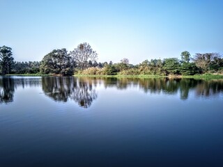Lake view of nature with reflection on water 