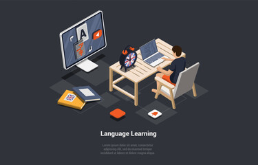 Language Learn App, Student Learn Foreign Language In Online School Typing On Laptop. Character Use Remote Service For Language Learning Watching On Laptop Screen. Isometric 3d Vector Illustration