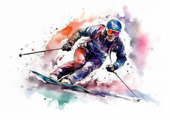 Watercolor abstract illustration of Skiing. Skiing in action during colorful paint splash, isolated on white background. AI generated illustration.