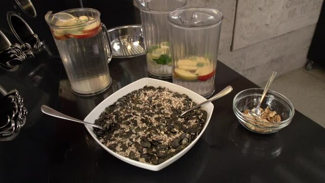 healthy seeds and fruit drinks at restaurant
