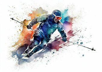 Fototapeta na wymiar Watercolor abstract illustration of Skiing. Skiing in action during colorful paint splash, isolated on white background. AI generated illustration.