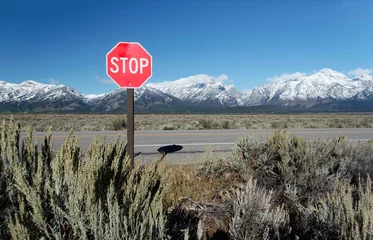 Vlies Fototapete Teton Range Traffic Sign "Stop" with mountains at Grand Teton National Park, Wyoming, USA