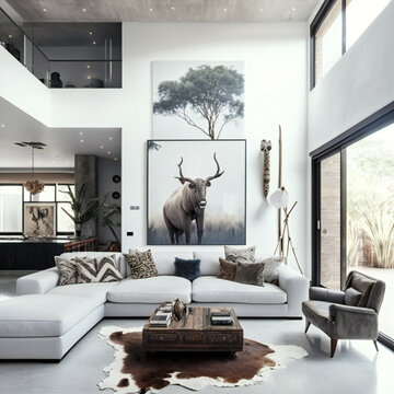 Big minimalist African style living room, with a lot of natural light and African safari theme items, Generative AI