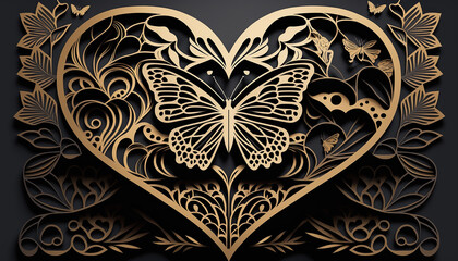 illustration of Paper cut design with heart and butterfly. Generative AI