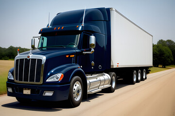Heavy duty dark blue classic stylish big rig semi truck tractor with lot of chrome accessories transporting cargo in refrigerator semi trailer driving ... See More
