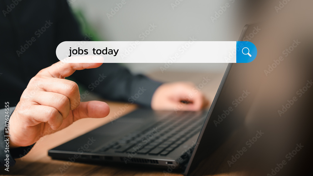 Poster Young man's hand working with computer laptop on desk in home. Searching browsing internet data information with search bar. Search engine optimization SEO networking concept.