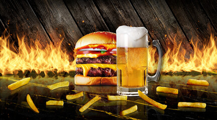 Beer and Burger and fries on a black and gold marble top with grilling flames and diagonal wooden tiles background
