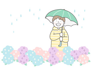 雨の日に傘をさす子供たちと紫陽花