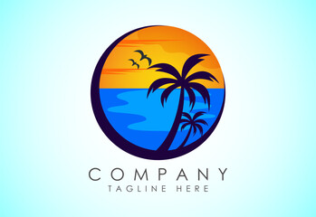 Obraz premium Beach logo design. Sun sunset sunrise with beach ocean sea water logo icon.