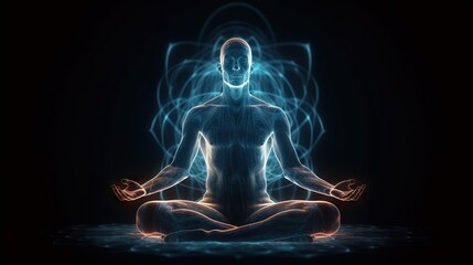 Human meditate in lotus pose with blue energy flow through his body. Transcendental yoga or prayer. Generative AI - obrazy, fototapety, plakaty