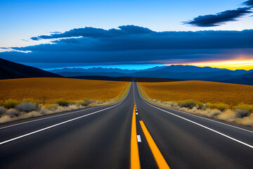 Fototapeta premium Empty long nevada mountain road to the horizon on a sunny summer day at bright sunset